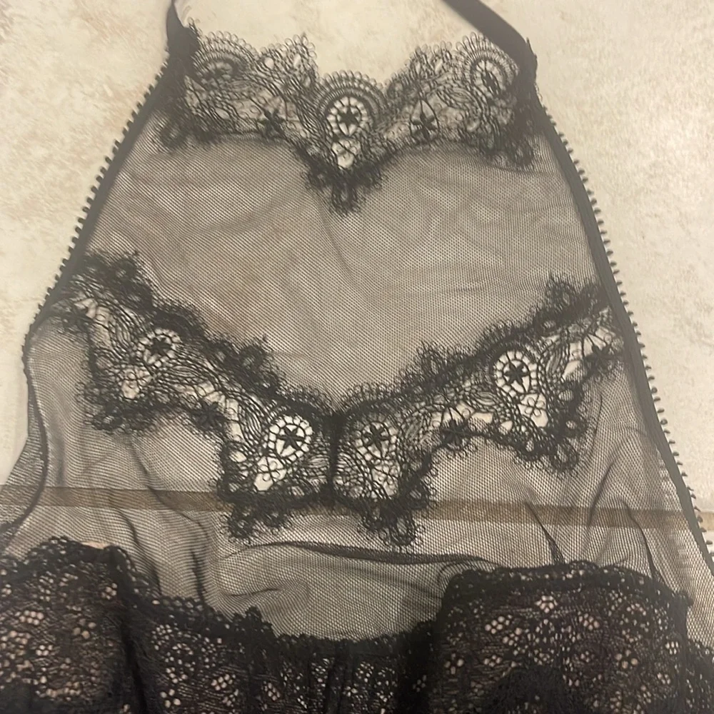 Victoria's Secret Women's Black and Cream Corset Halter Sheer Lace w garters